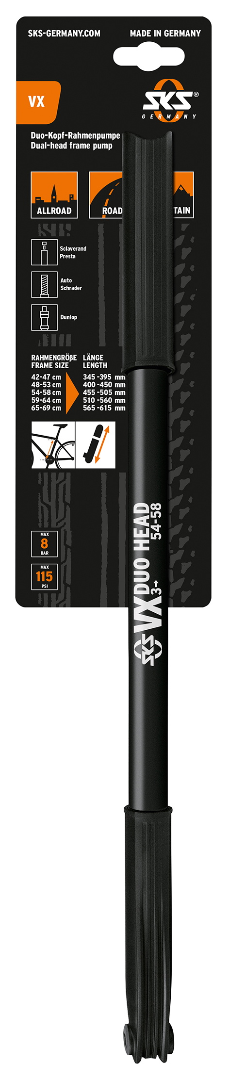 Sks Vx   Håndpumpe 455-505mm Multi Ventil 6bar 87psi Sort